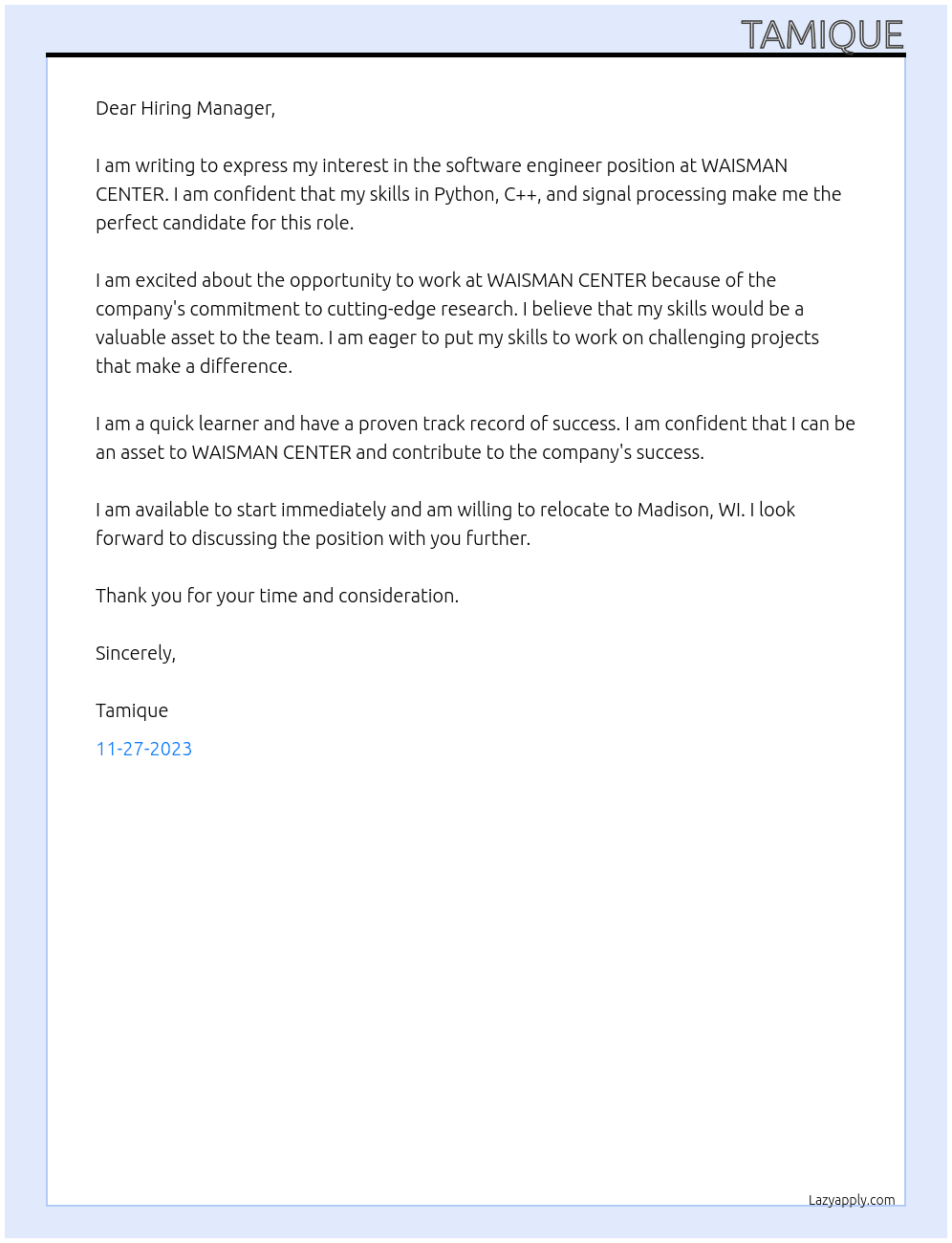 Software Engineer At WAISMAN CENTER Cover Letter