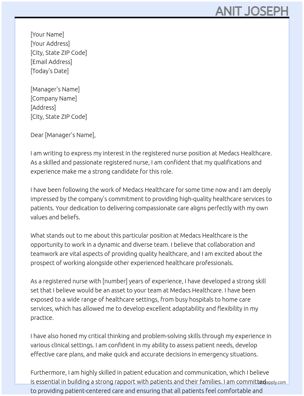 registered nurse At Medacs healthcare Cover Letter