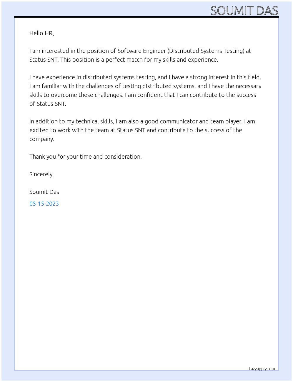 Software Engineer (Distributed Systems Testing) At Status SNT Cover Letter