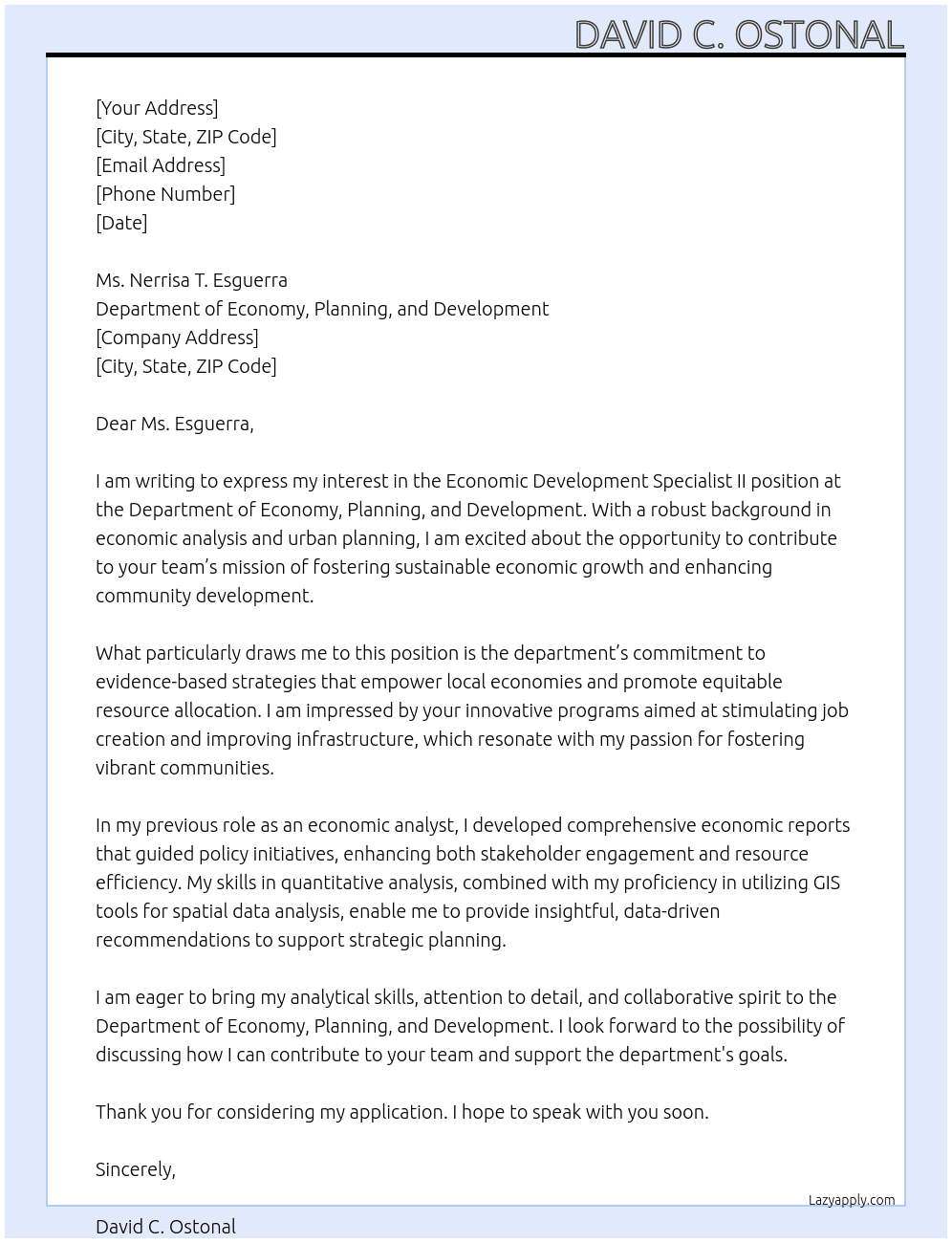 economic development specialist II At Department of Economy, Planning, and Development Cover Letter