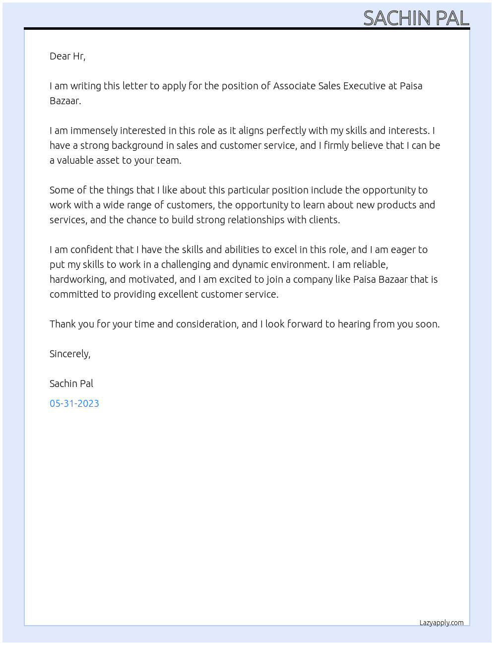 Associate sales executive  At Paisa bazaar Cover Letter