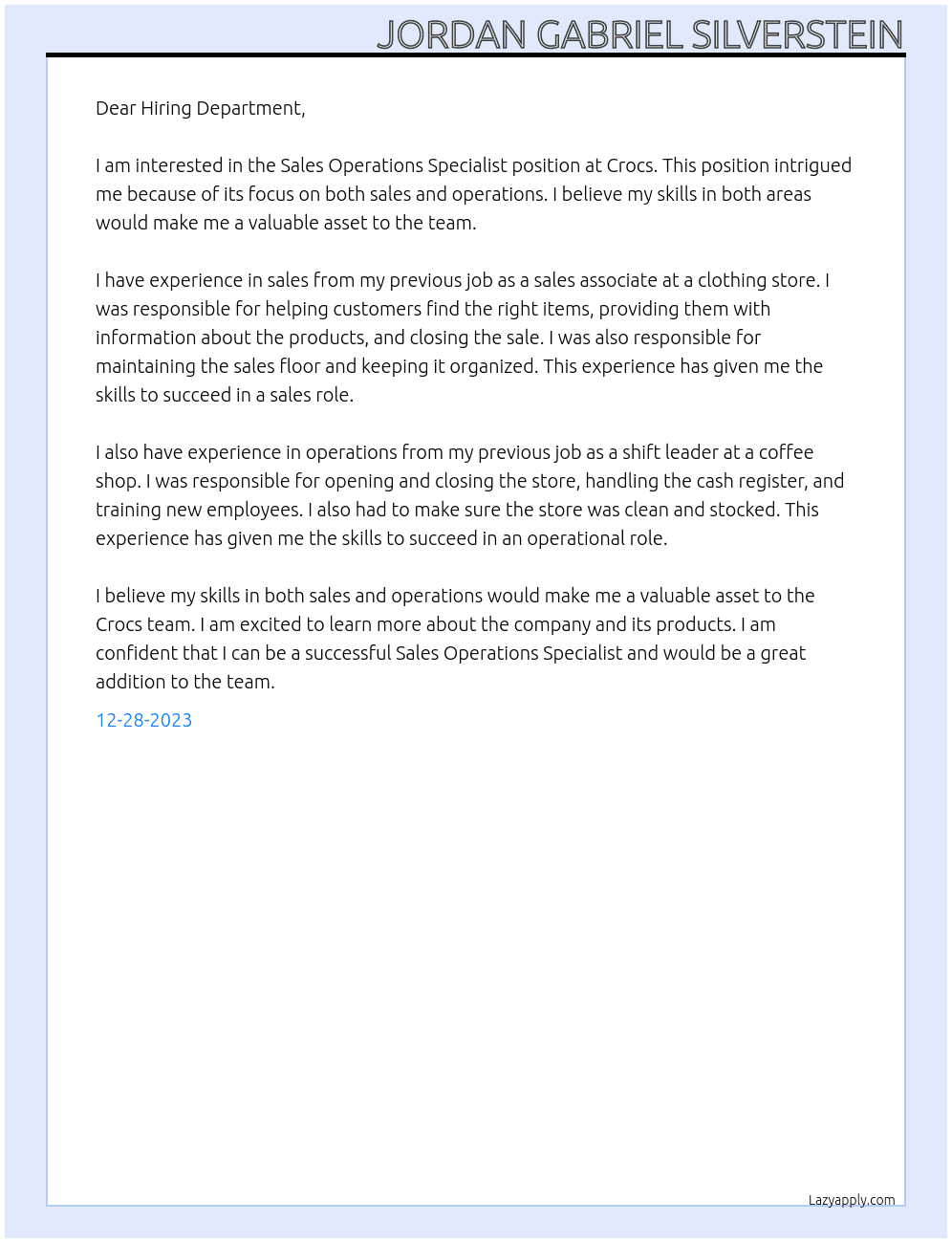 Sales Operations Specialist At Crocs Cover Letter