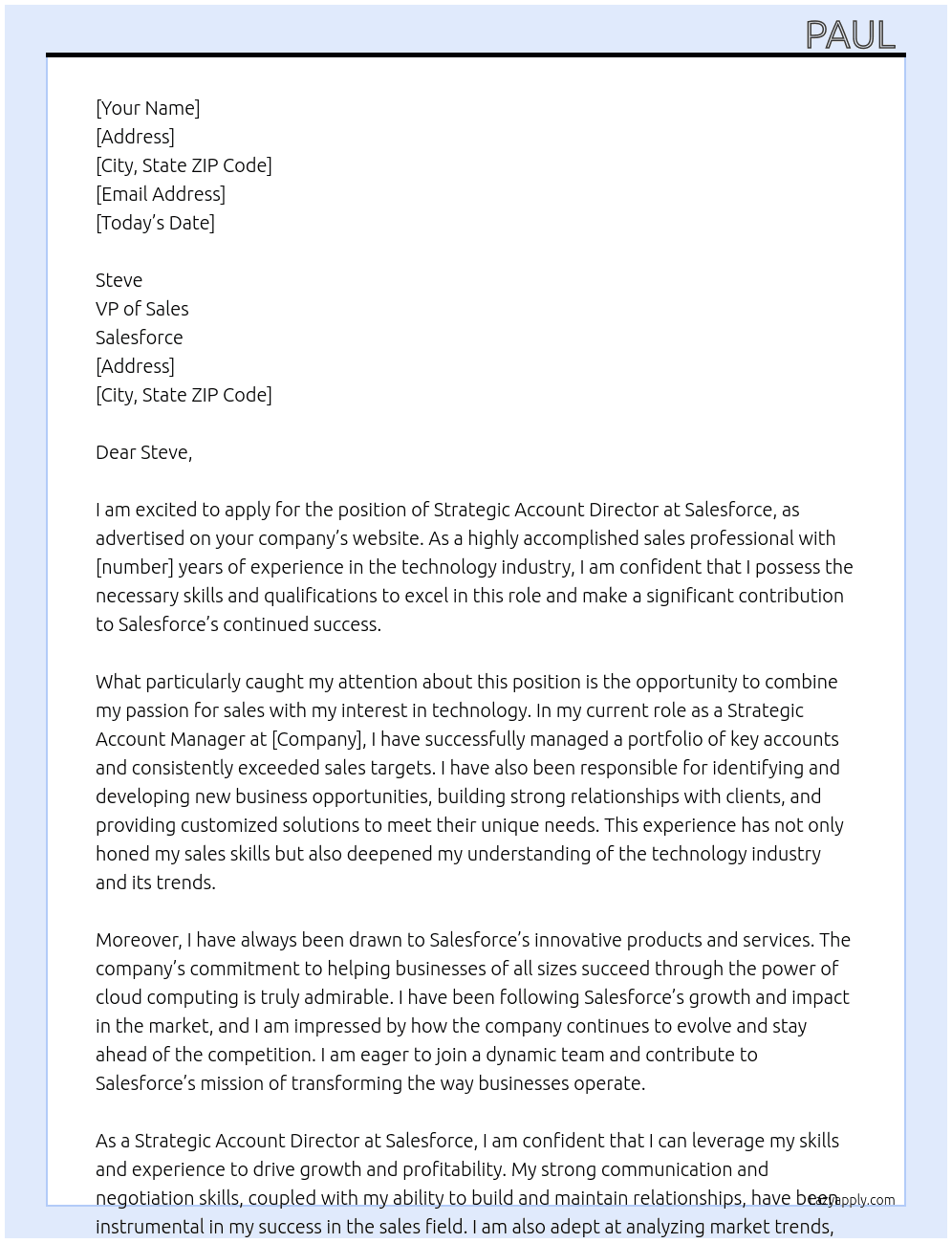 Strategic Account Director At Salesforce  Cover Letter