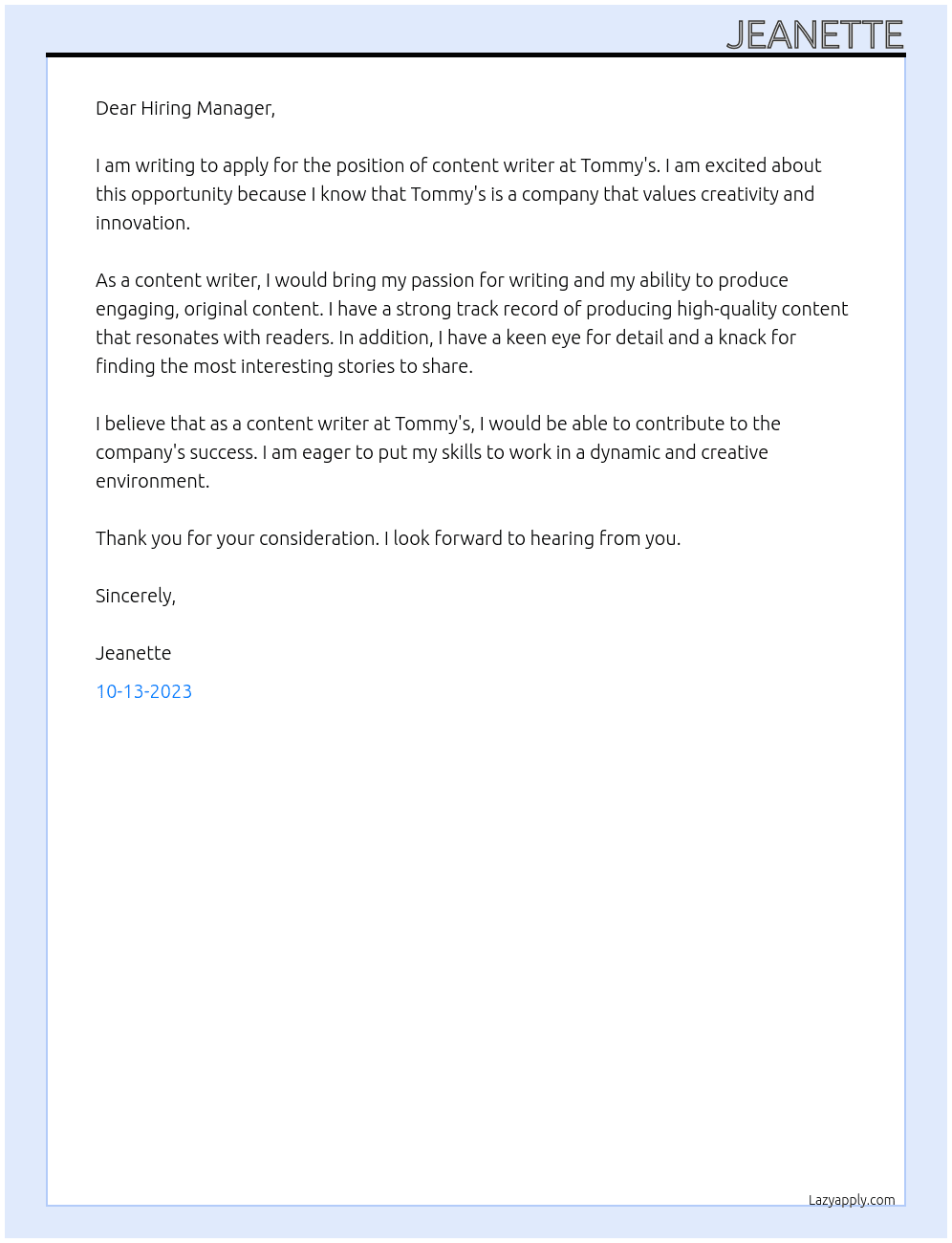 content writer At Tommy's Cover Letter