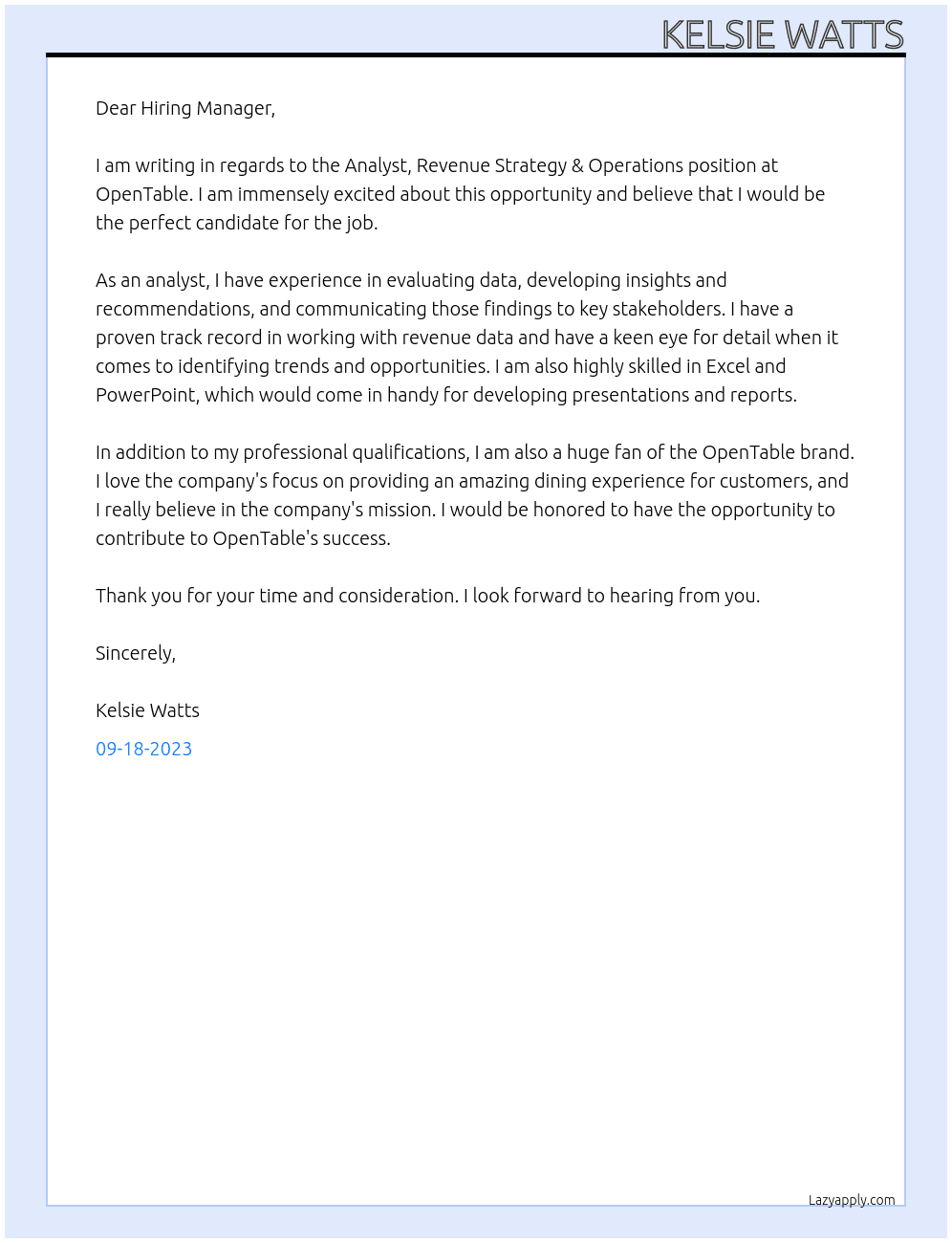 Analyst, Revenue Strategy & Operations At OpenTable Cover Letter