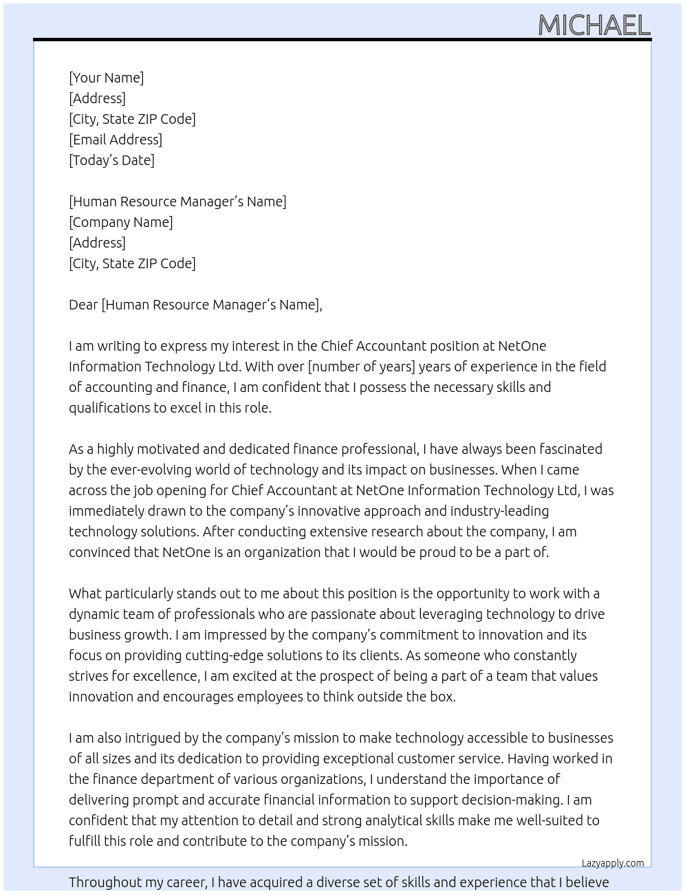 Chief Accountant At NetOne Information Technology Ltd Cover Letter