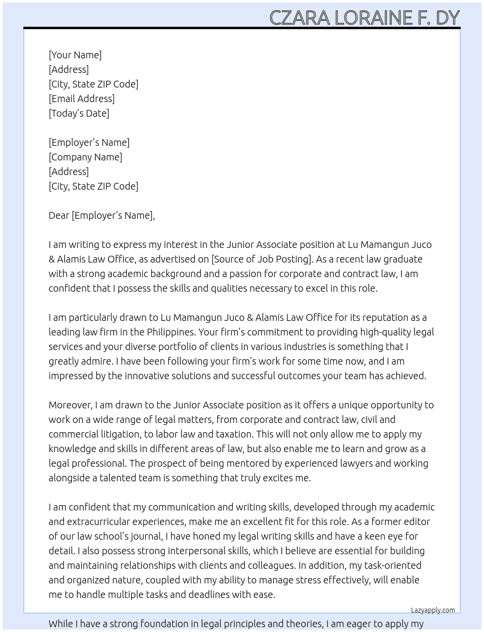 Junior Associate At Lu Mamangun Juco & Alamis Law Office Cover Letter