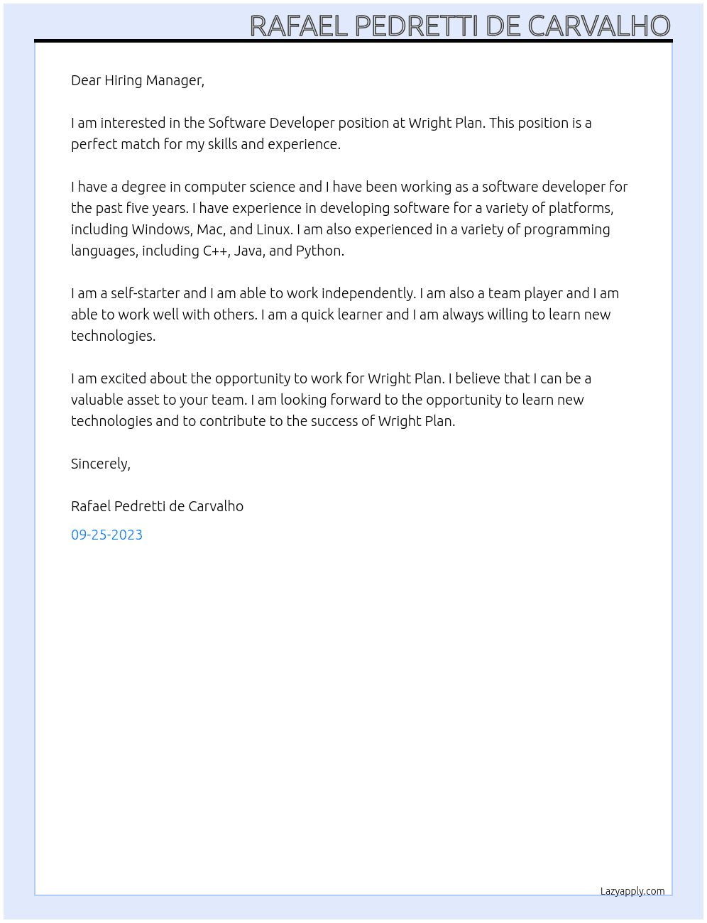 Software Developer At Wright Plan Cover Letter