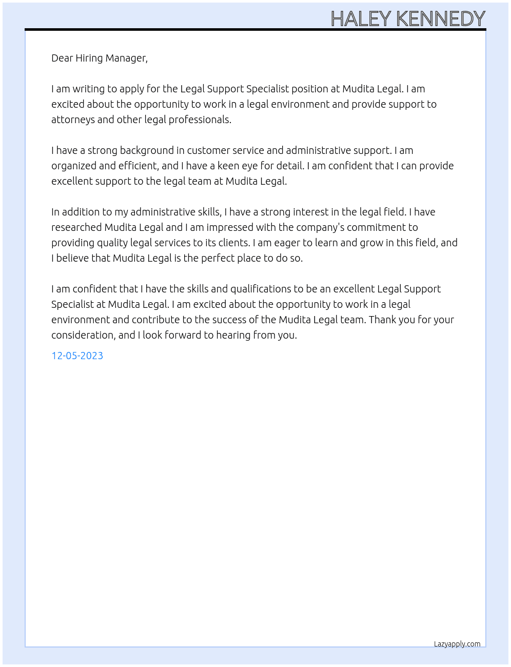 Legal Support Specialist At Mudita Legal Cover Letter