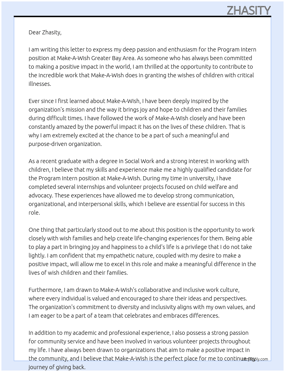 Program Intern At Make-A-Wish Cover Letter