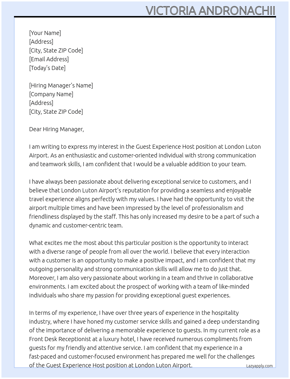 Guest Experience Host At London Luton Airport Cover Letter