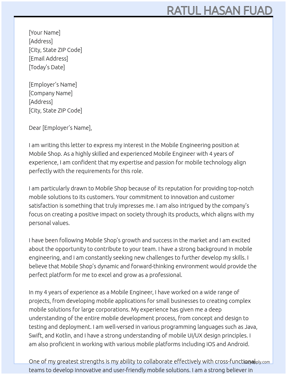 mobile engineering  At mobile shop  Cover Letter