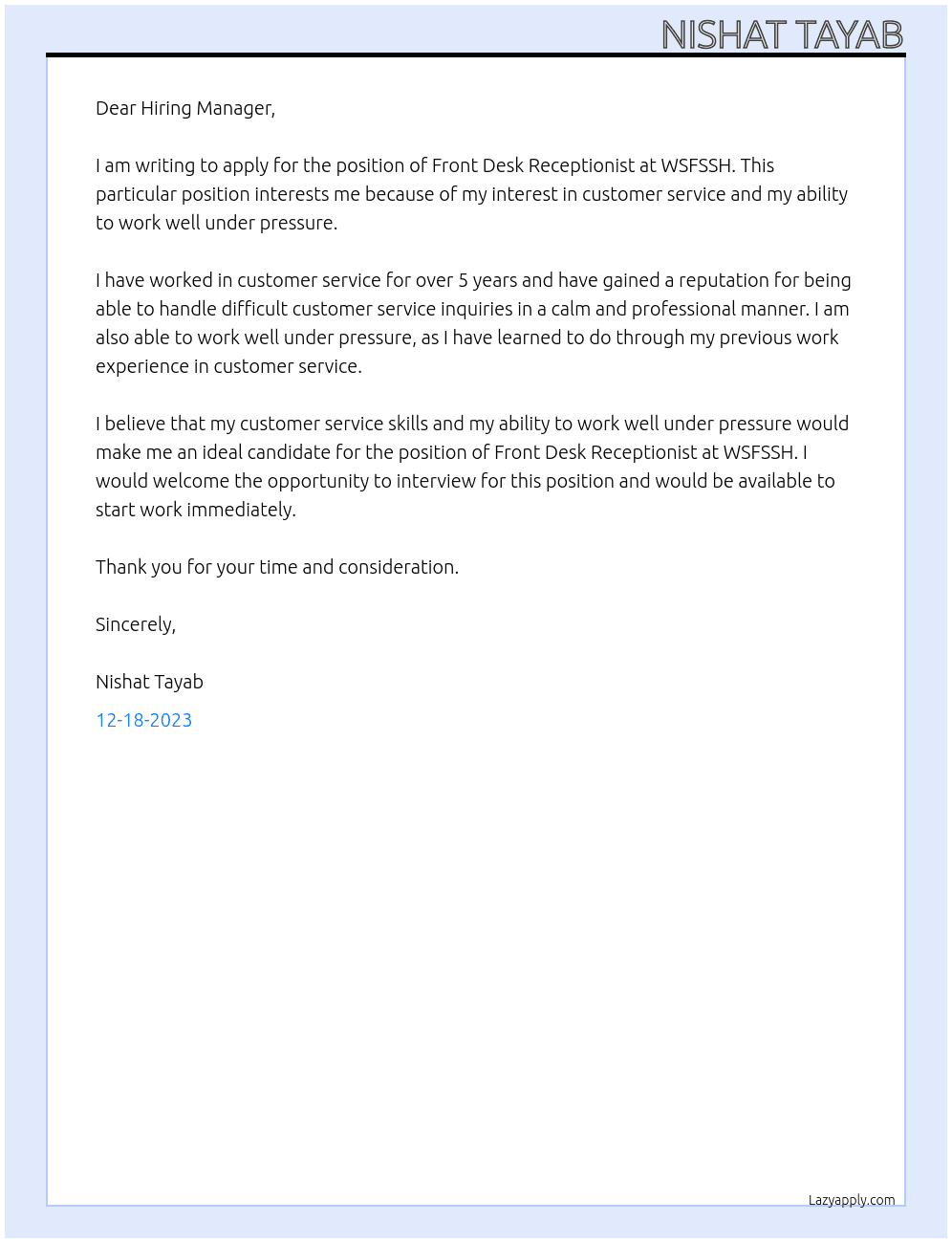 Front Desk Receptionist At WSFSSH Cover Letter