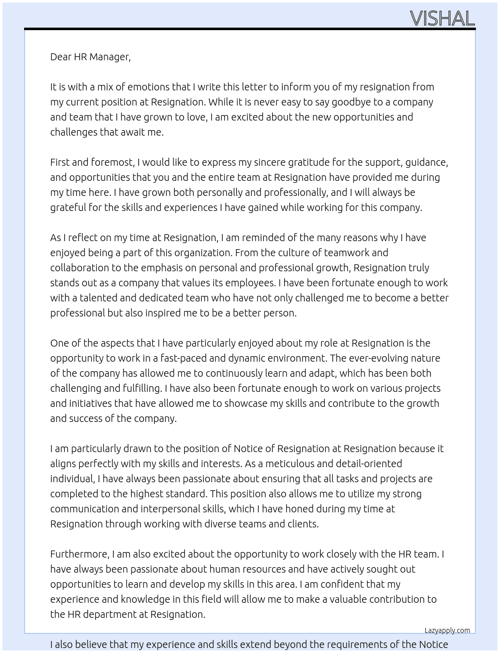 Notice of Resignation At Resignation Cover Letter
