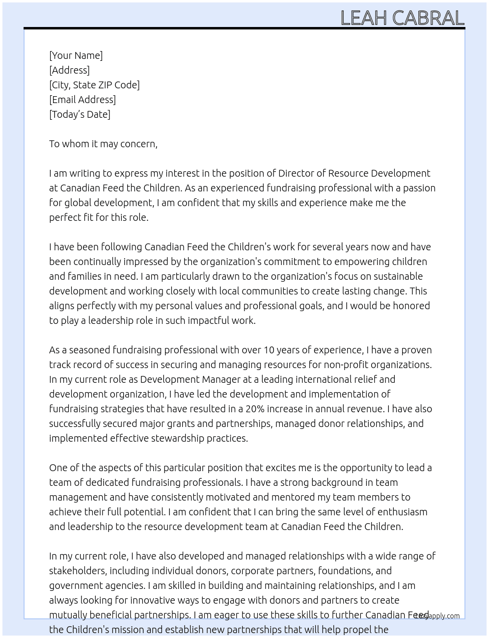 Director, Resource Development At Canadian Feed the Children Cover Letter