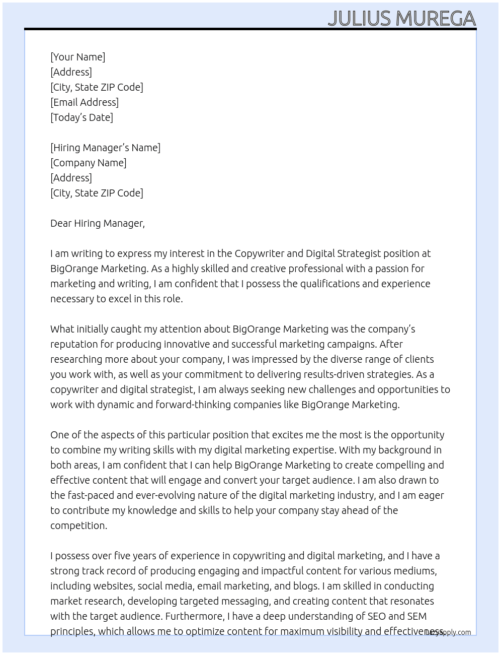 Copywriter and Digital Strategist  At BigOrange Marketing Cover Letter
