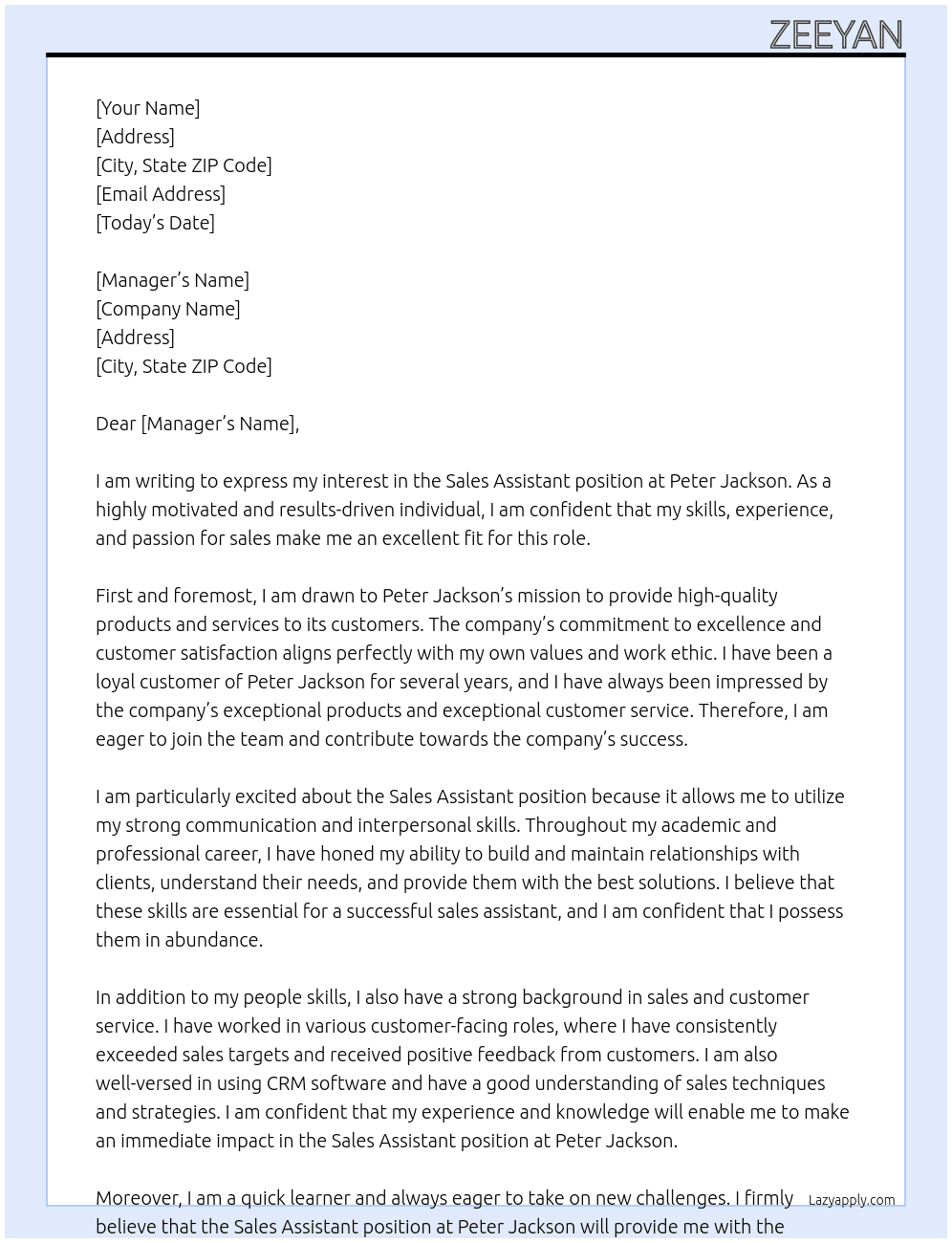 sales assistant At peter jackson Cover Letter