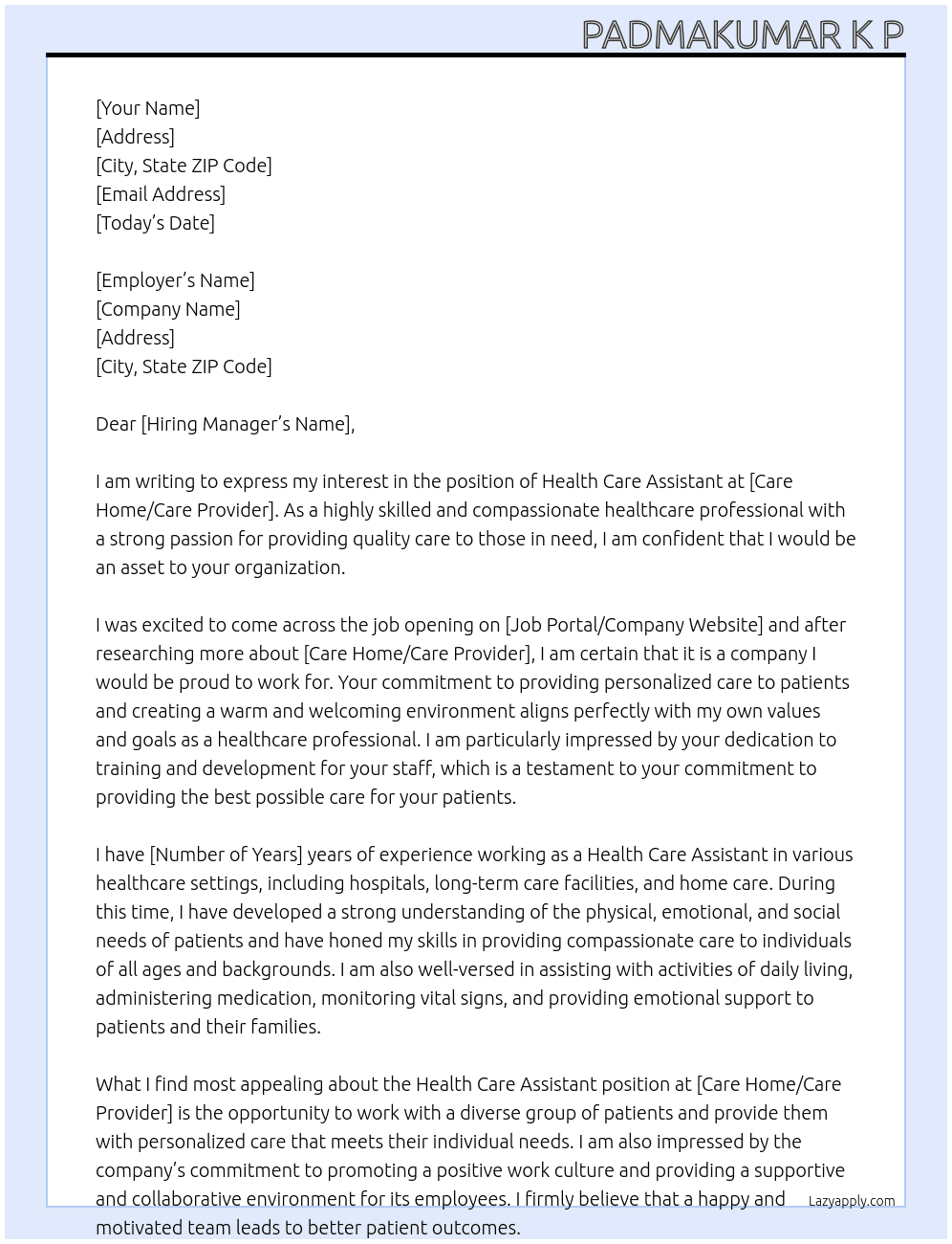 health care assistant At Care home/Care provider Cover Letter