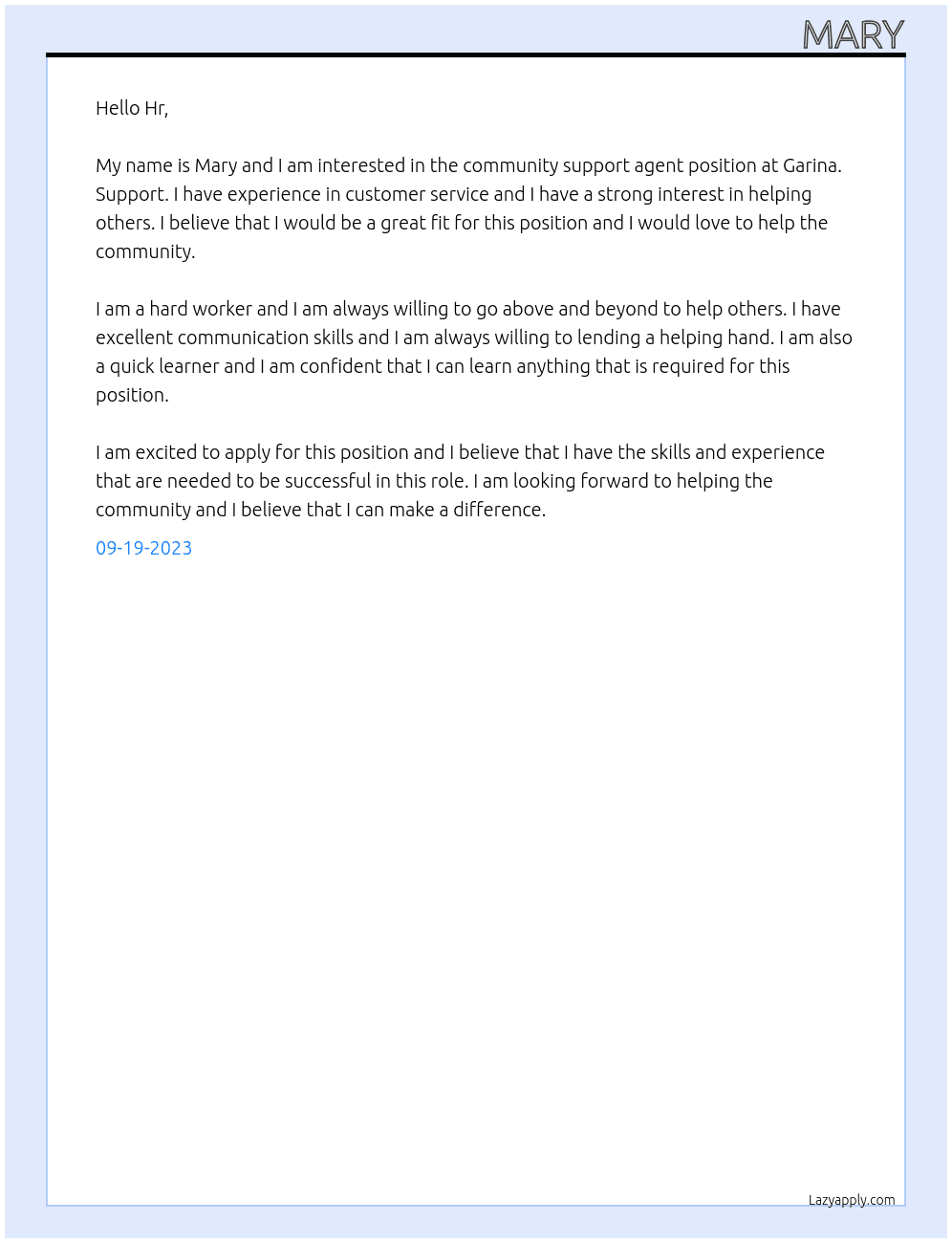 Community support agent At Garina. Support Cover Letter