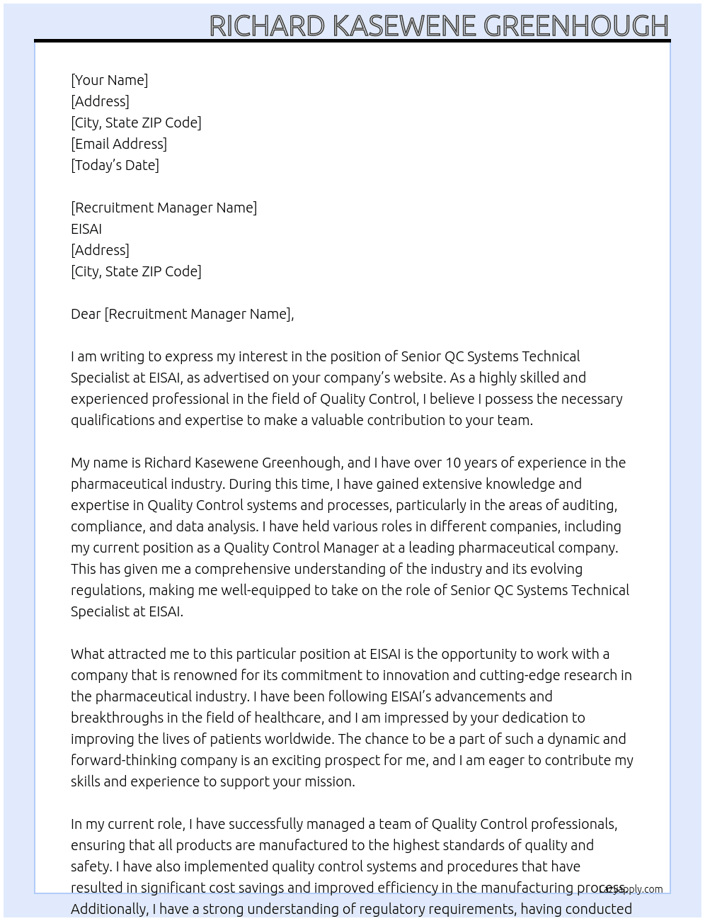 Senior QC Systems Technical Specialist At EISAI Cover Letter