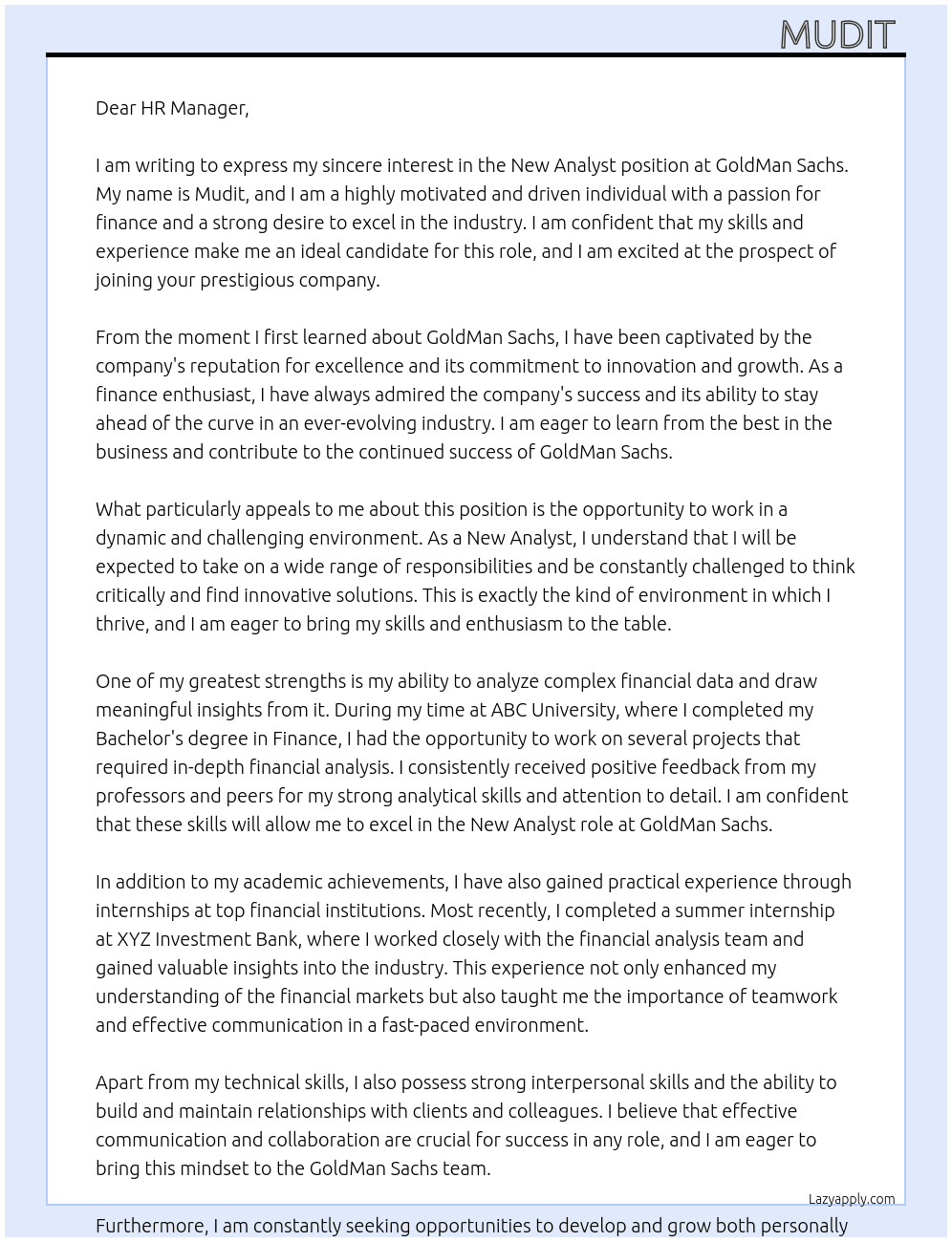 New Analyst At GoldMan Sachs Cover Letter