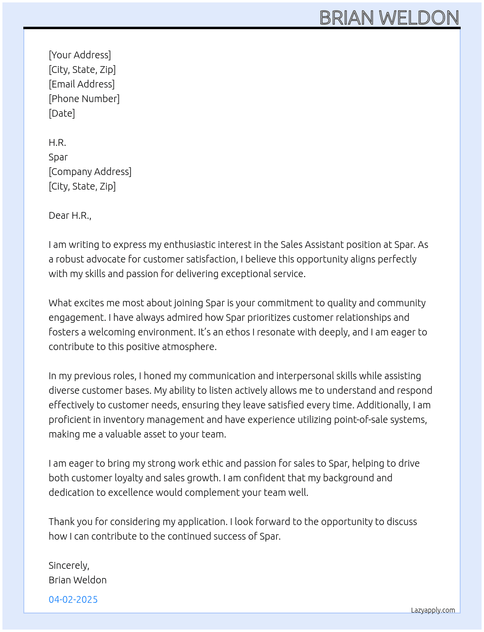 Sales assistant  At Spar Cover Letter