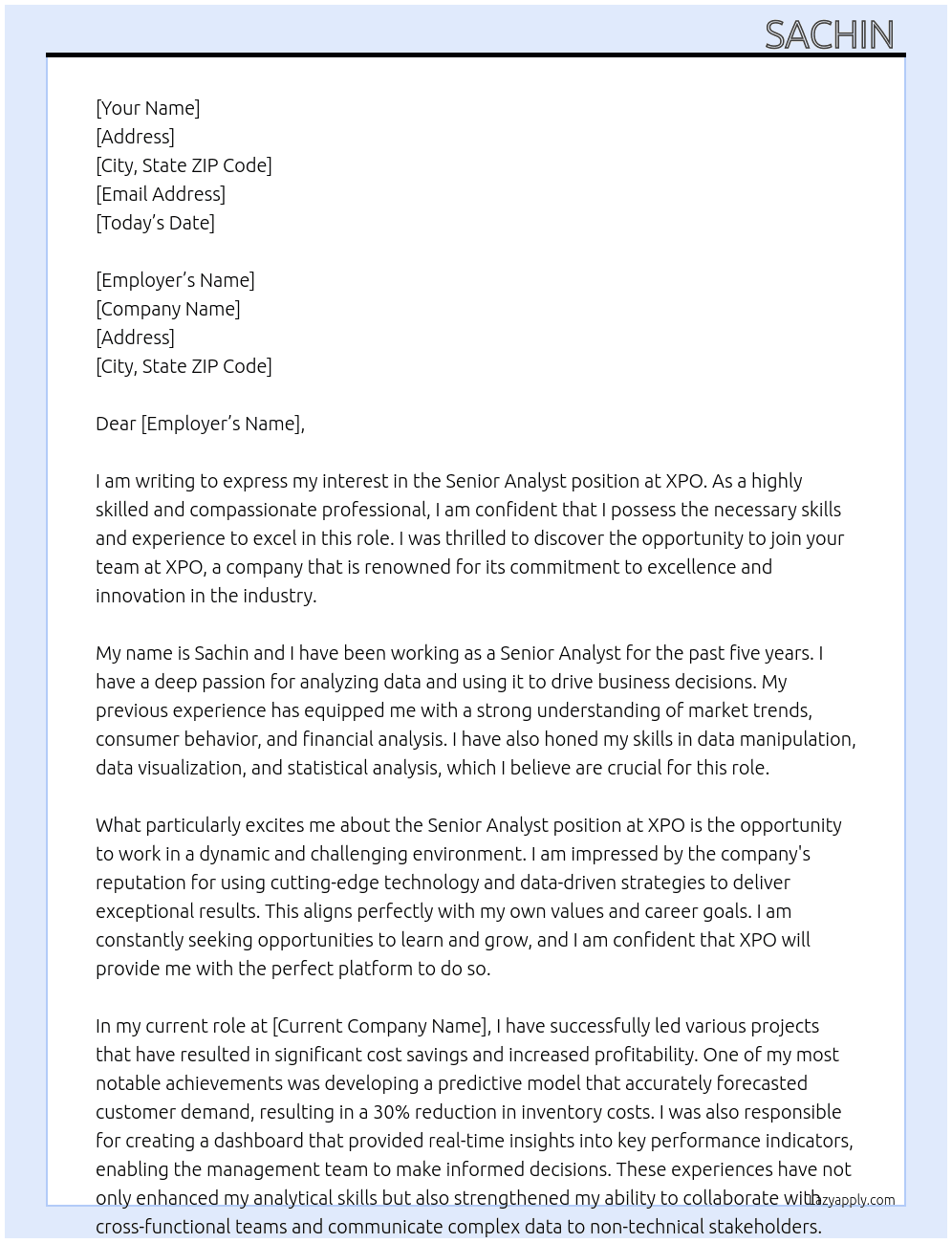 Senior Analyst At XPO Cover Letter