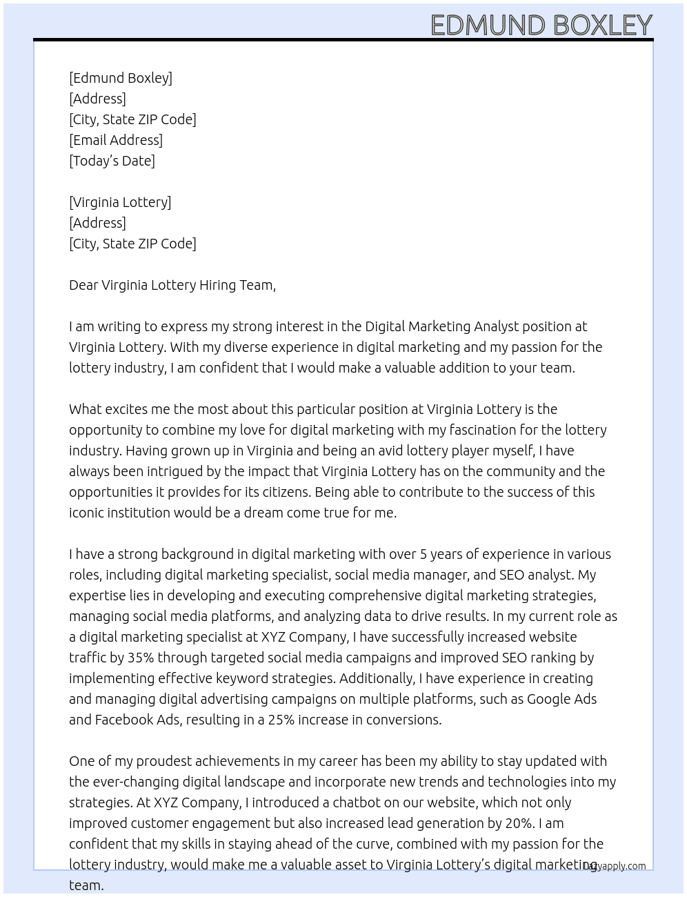 Digital Marketing Analyst At Virginia Lottery Cover Letter