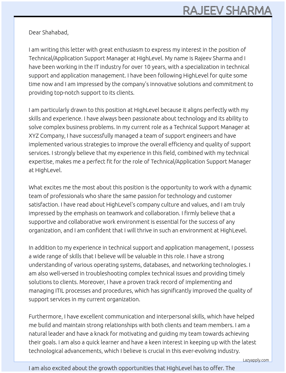 Technical/Application Support Manager At HighLevel Cover Letter