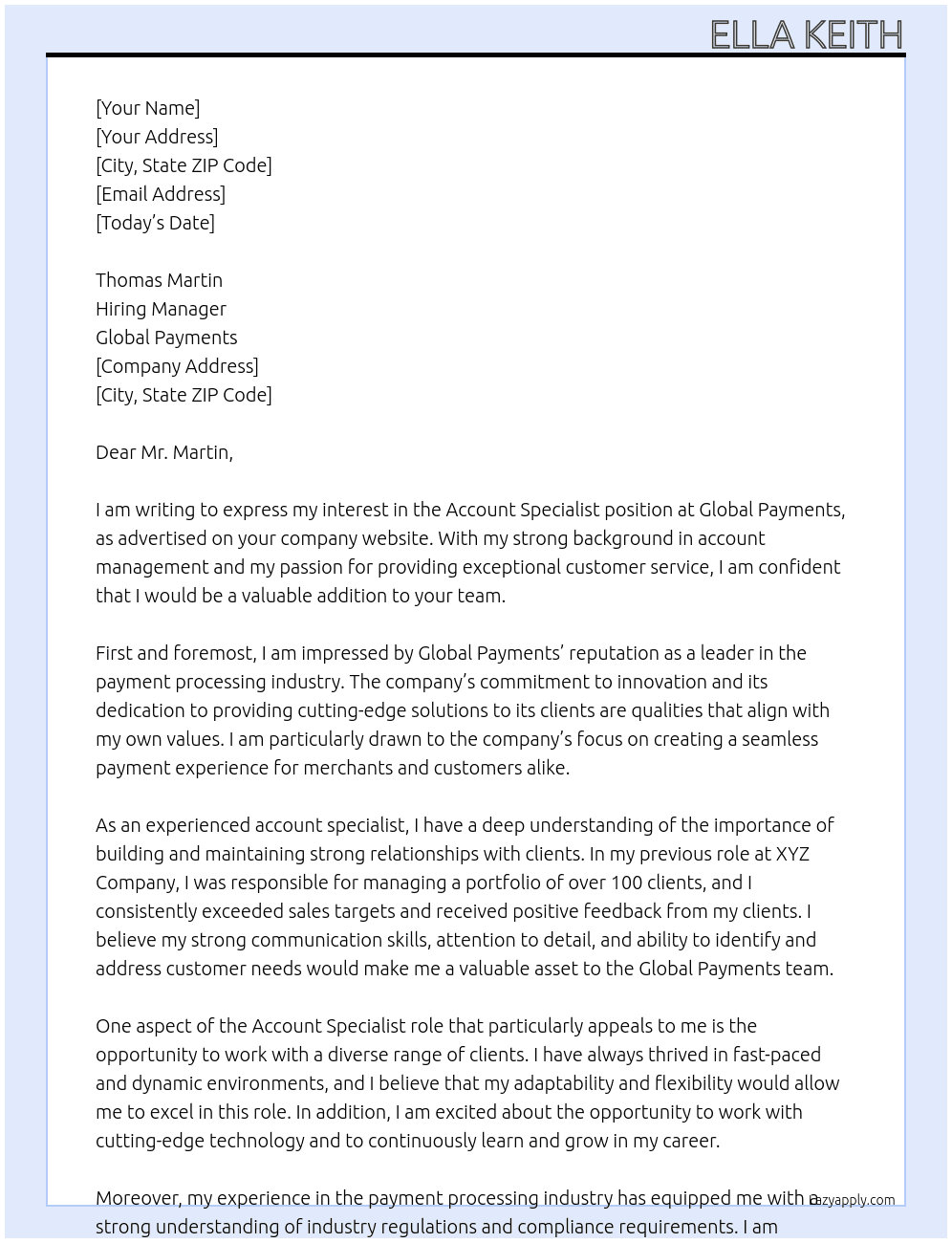 account specialist At Global Payments Cover Letter