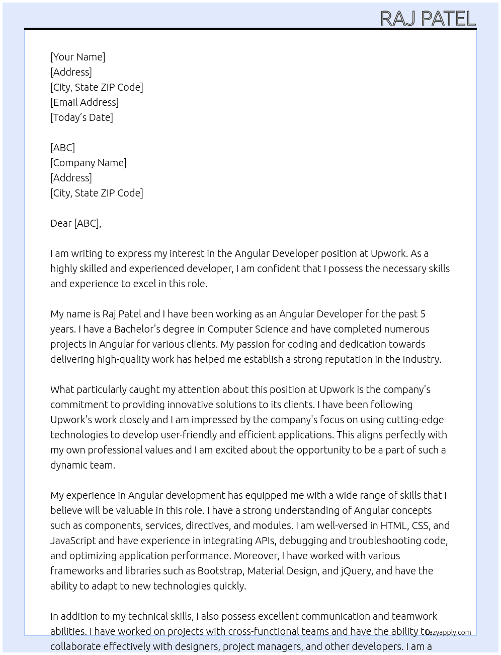 Angular Developer At Upwork  Cover Letter