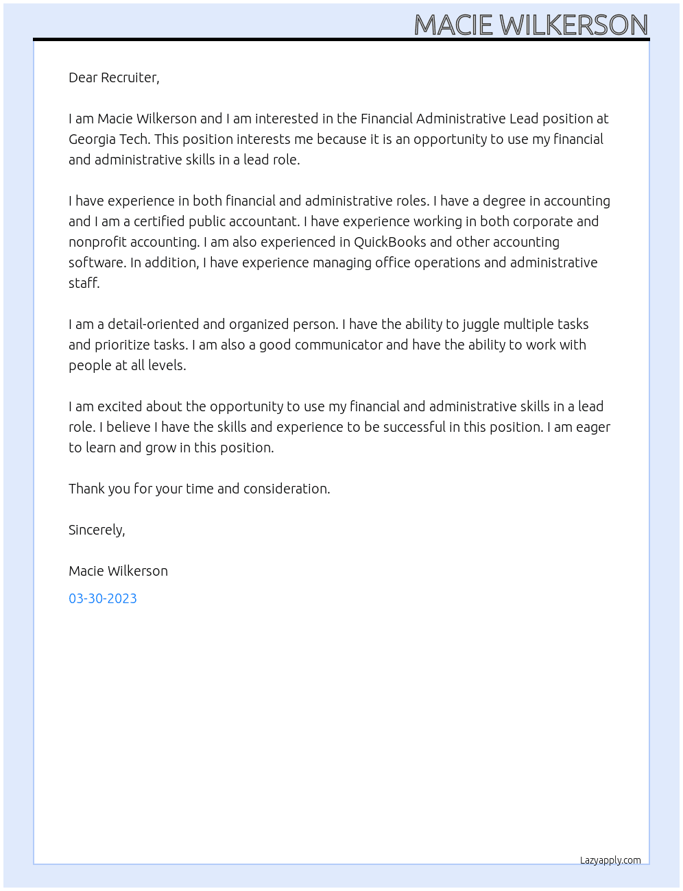 Financial Administrative Lead At Georgia Tech  Cover Letter