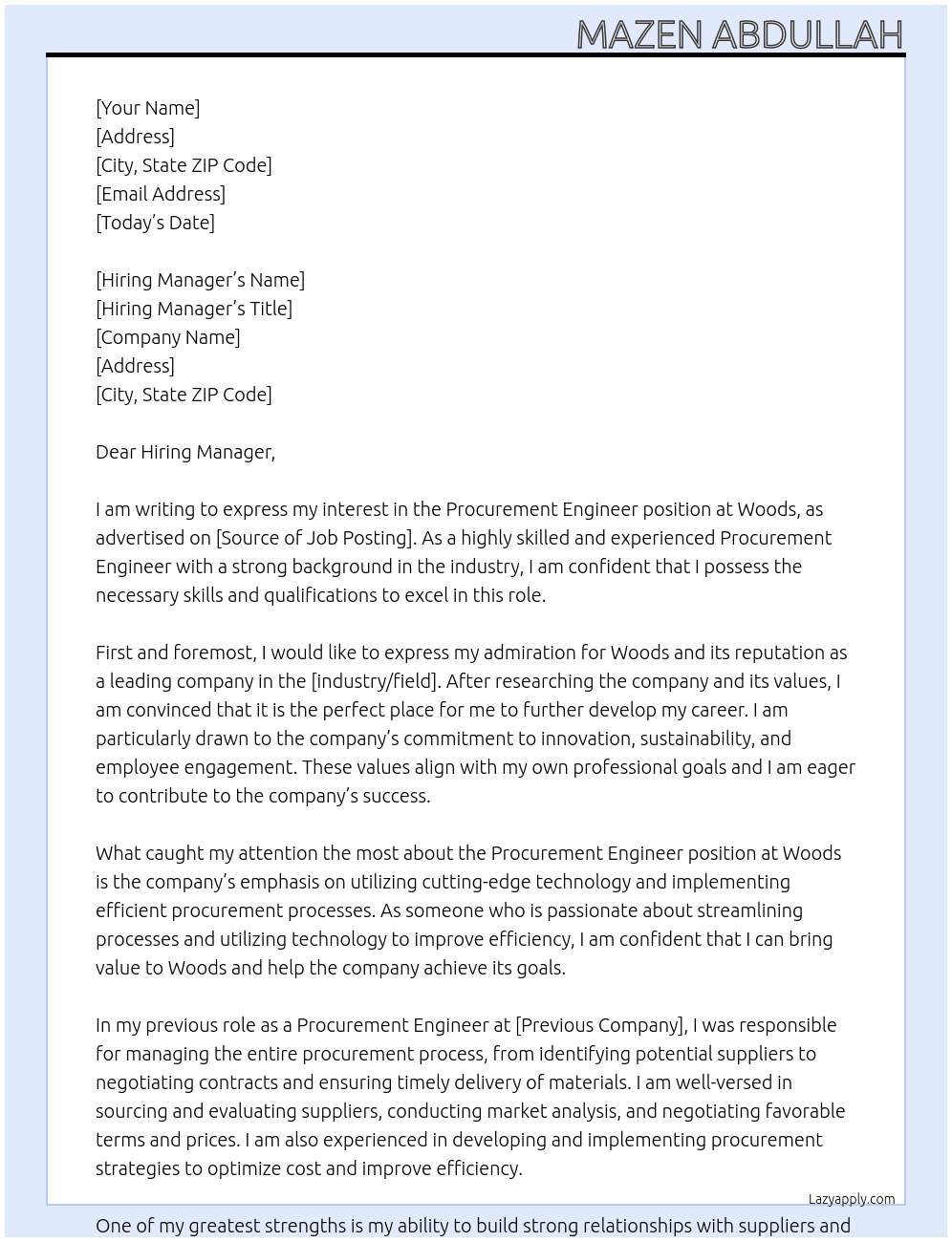 Procurement Engineer At Woods Cover Letter