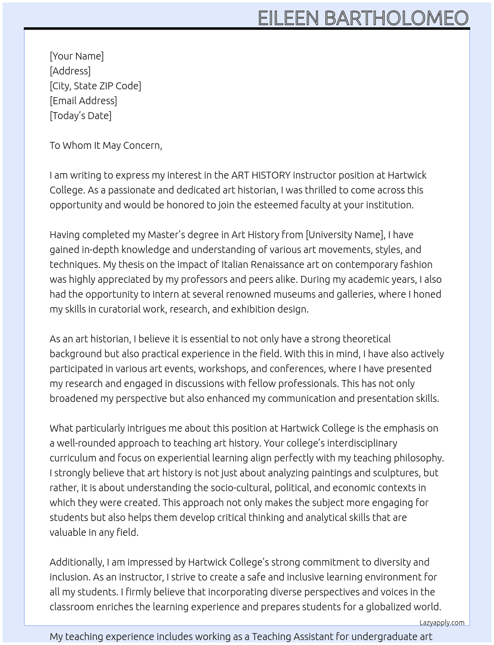 ART HISTORY instructor At Hartwick College Cover Letter
