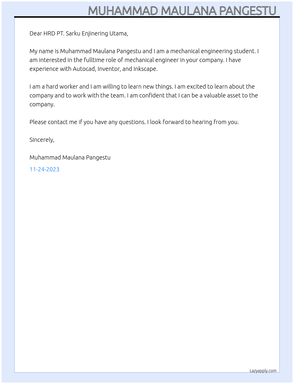 Mechanical engineering  At PT. Sarku Enjinering Utama Cover Letter