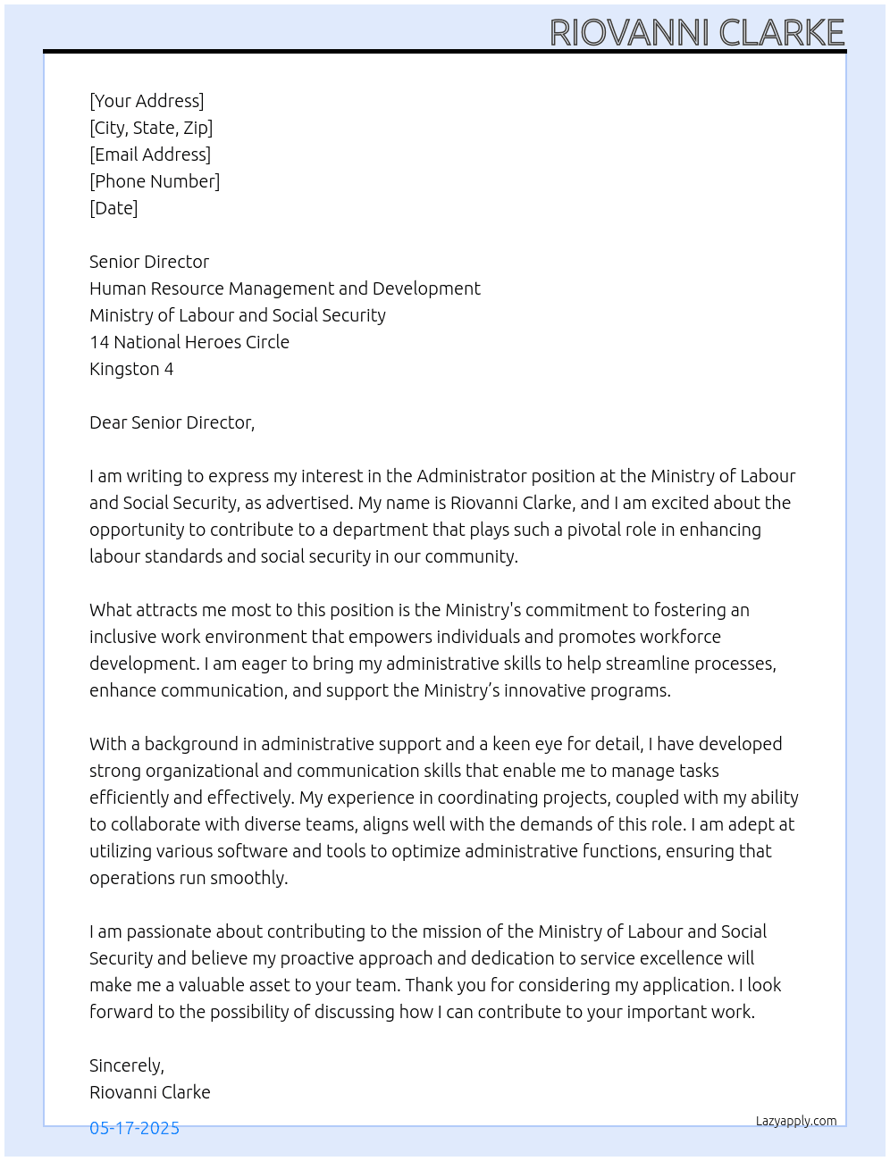 Administrator At Ministry of Labour and Social Security Cover Letter