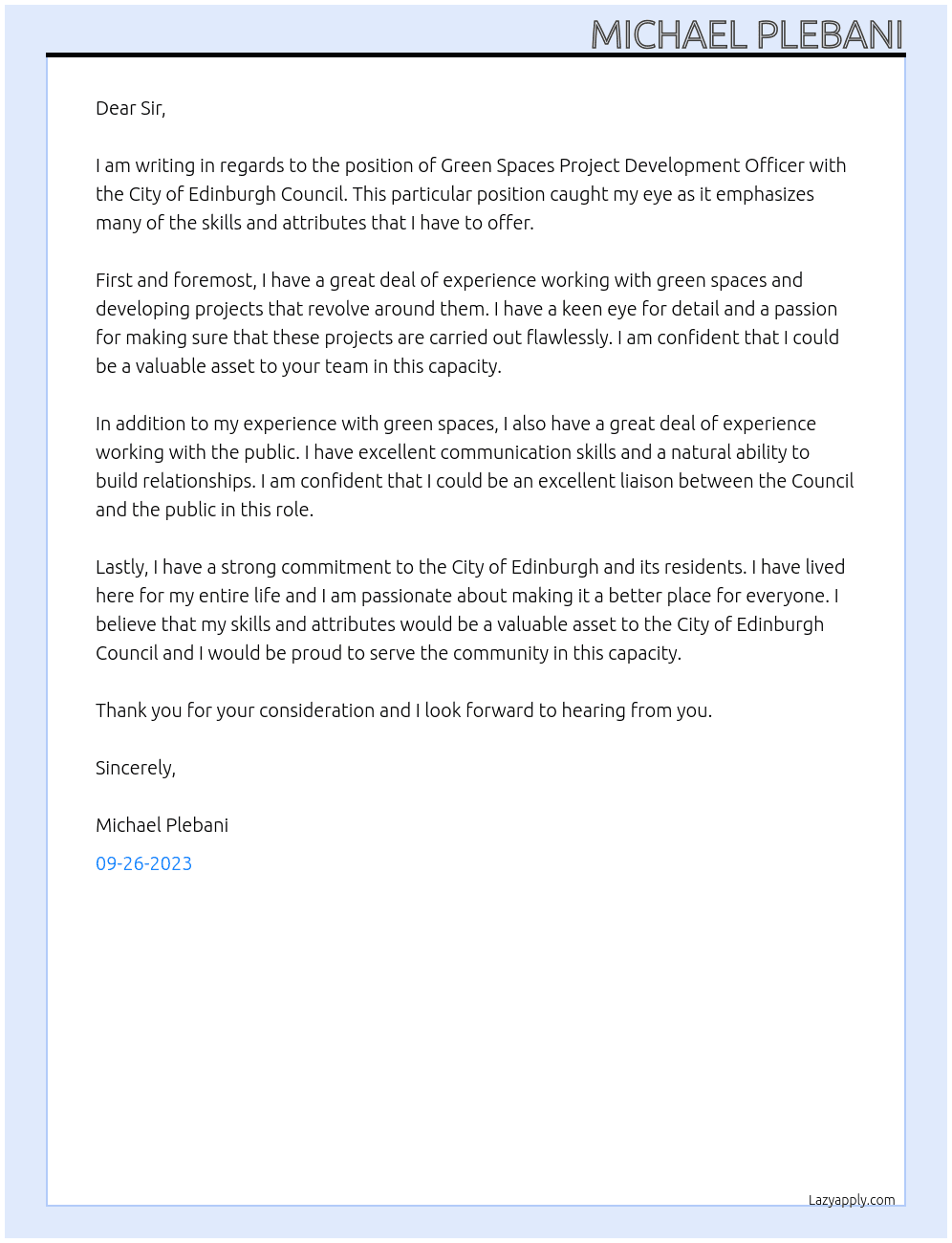 Green Spaces Project Development Officer At City of Edinburgh Council Cover Letter