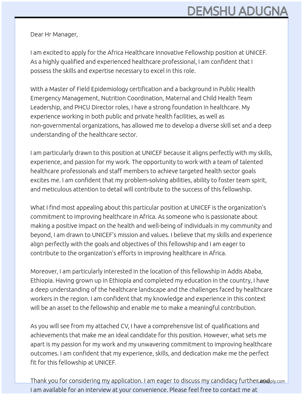 Africa healthcare Innovative fellowship  At African  Cover Letter