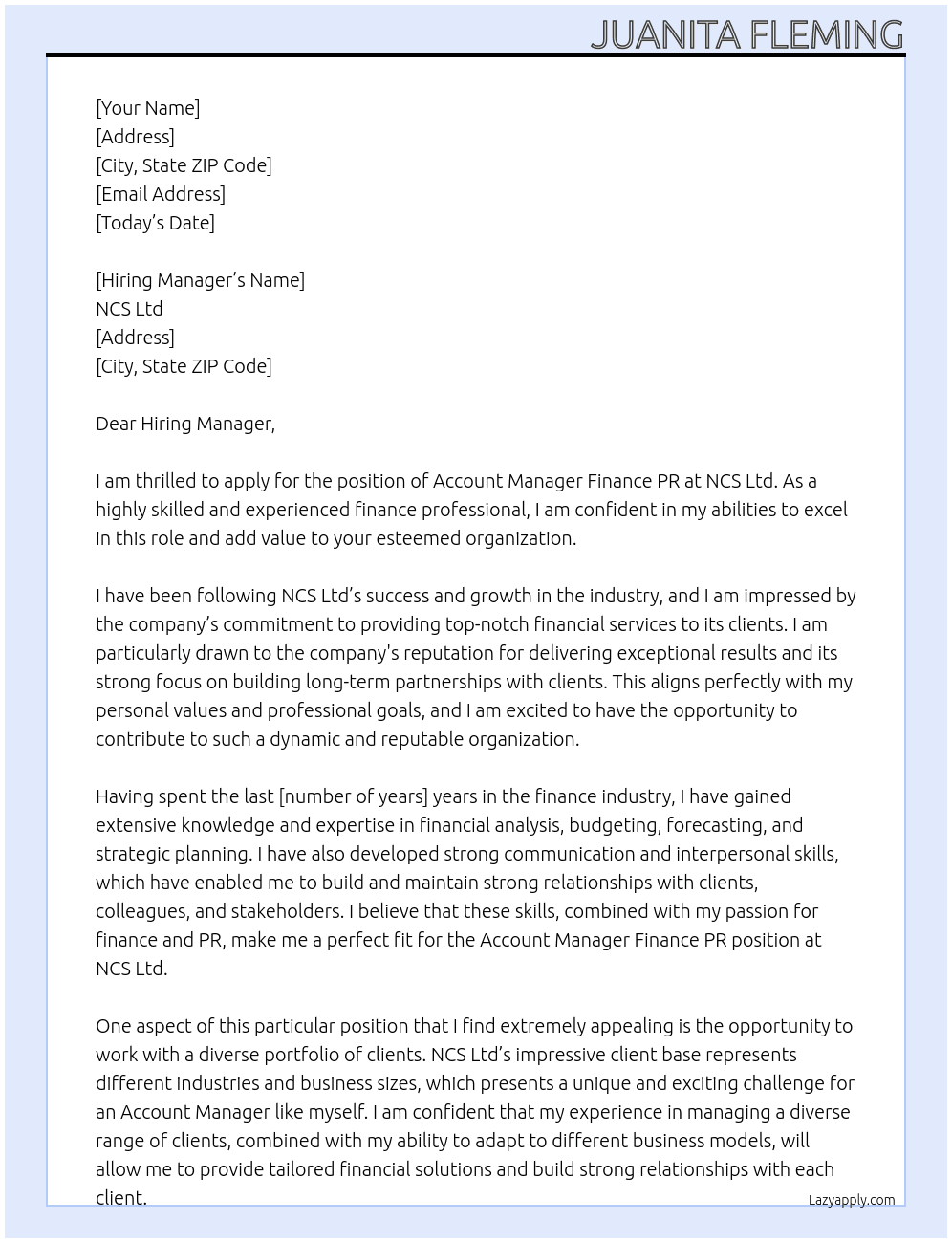Account Manager Finance PR At NCS Ltd Cover Letter