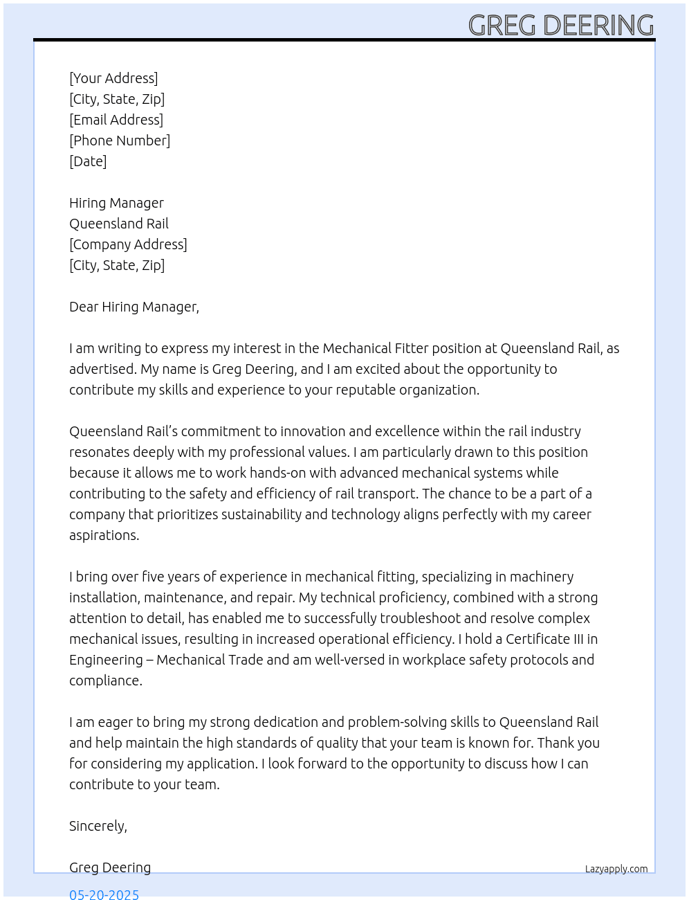 Mechanical Fitter At Queensland Rail Cover Letter