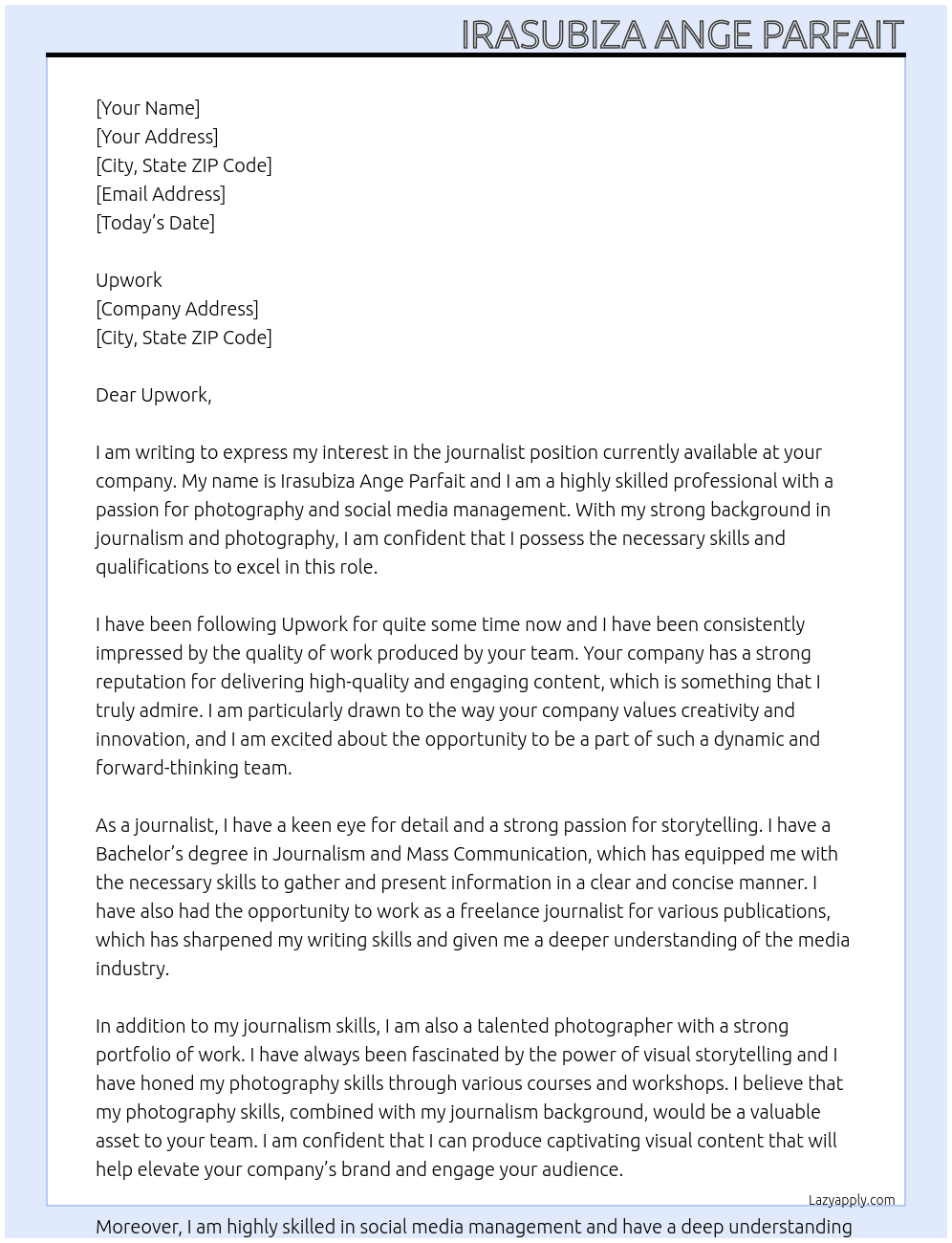 journalist At UPWORK Cover Letter