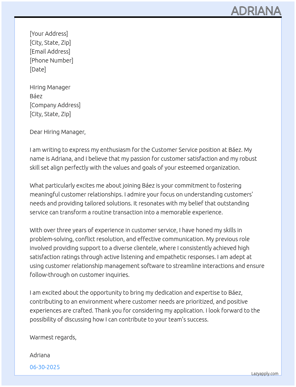 Customer service At Báez  Cover Letter