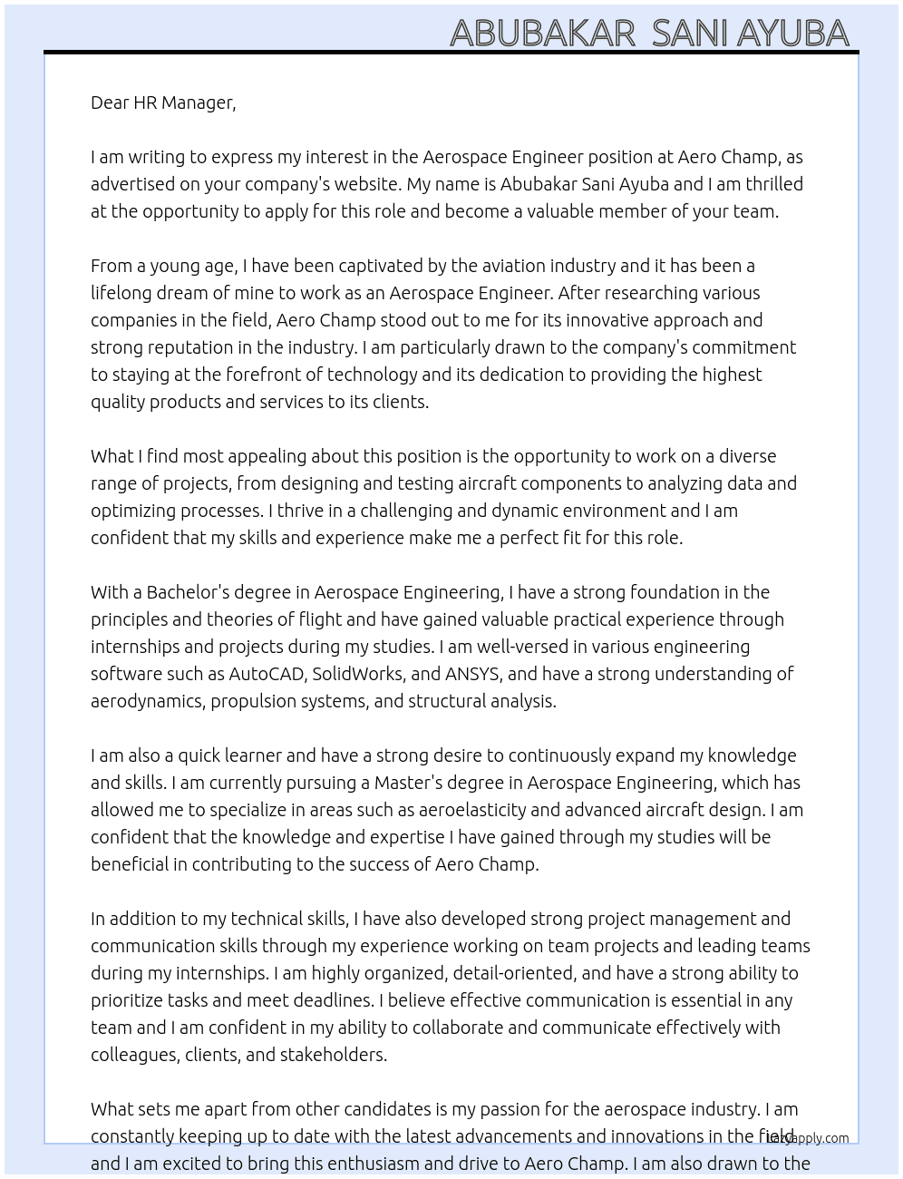 Aerospace engineer  At Aero champ  Cover Letter
