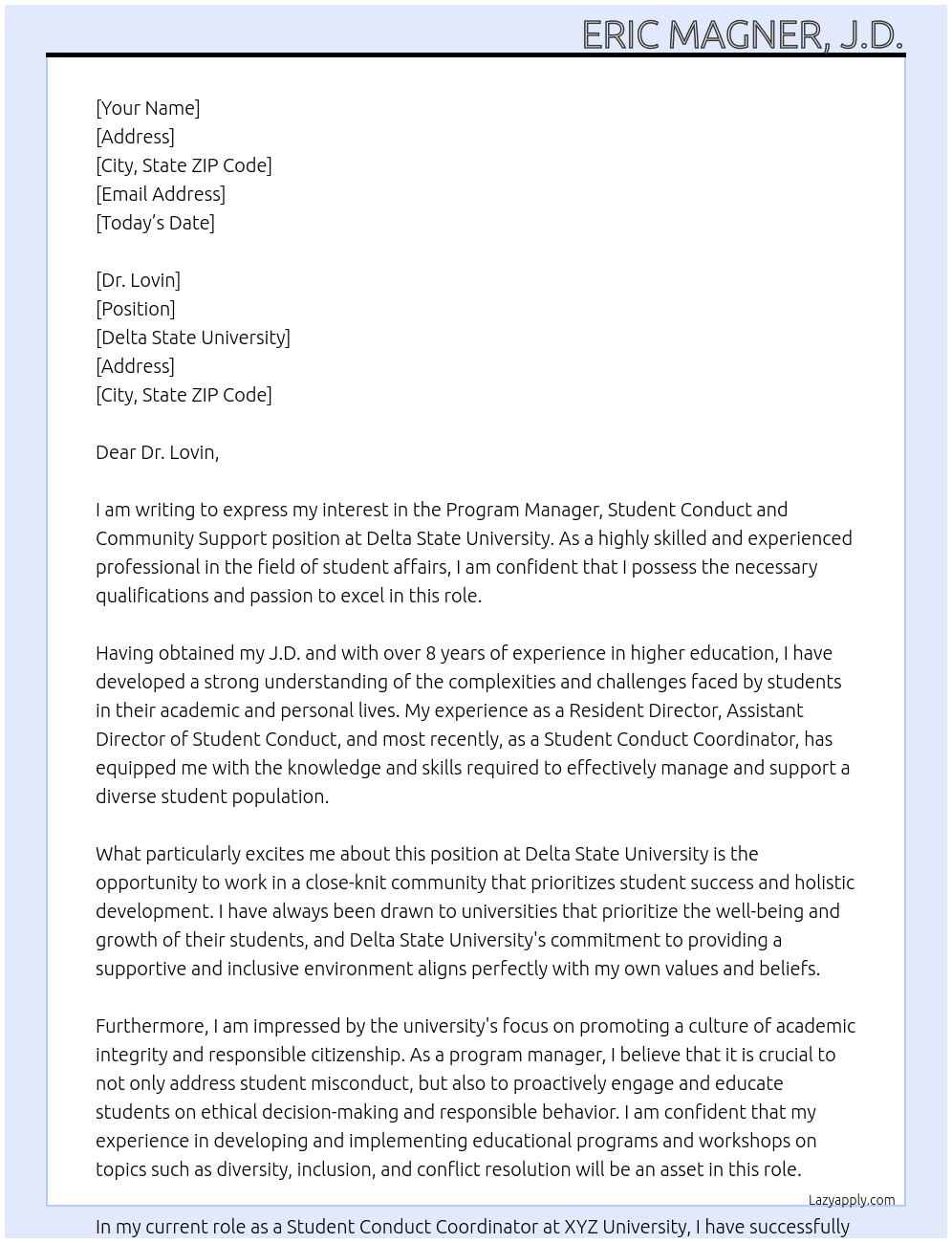 Program Manager, Student Conduct and Community Support At Delta State University Cover Letter