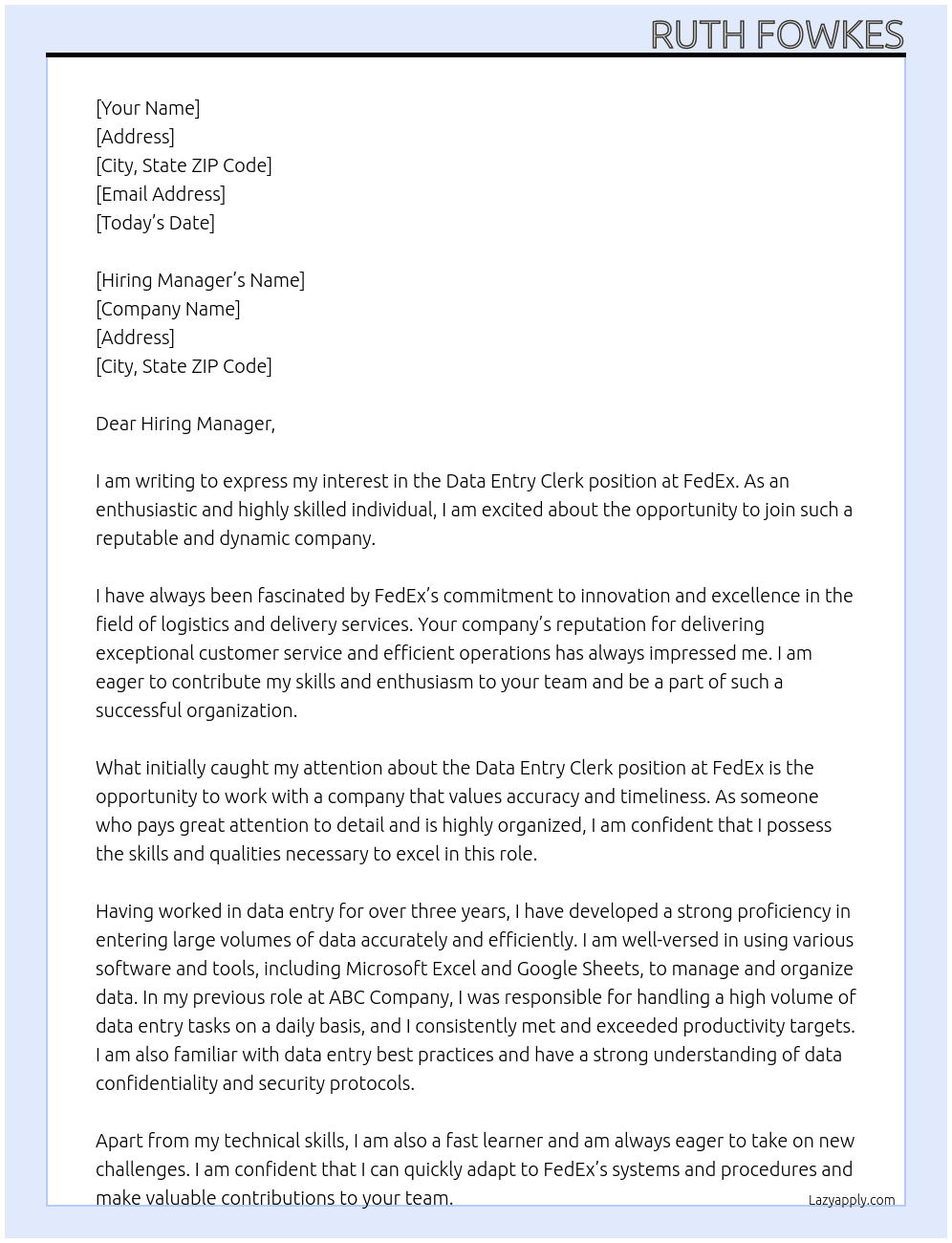 Data entry clerk At fedex Cover Letter