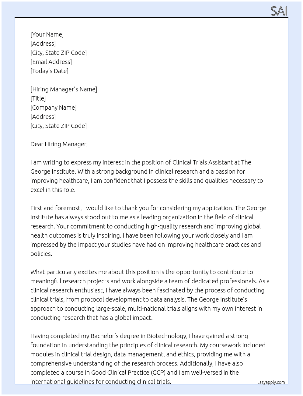 Clinical trials assistant At The george institute Cover Letter