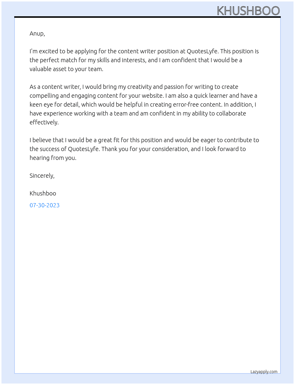 content writer At QuotesLyfe Cover Letter