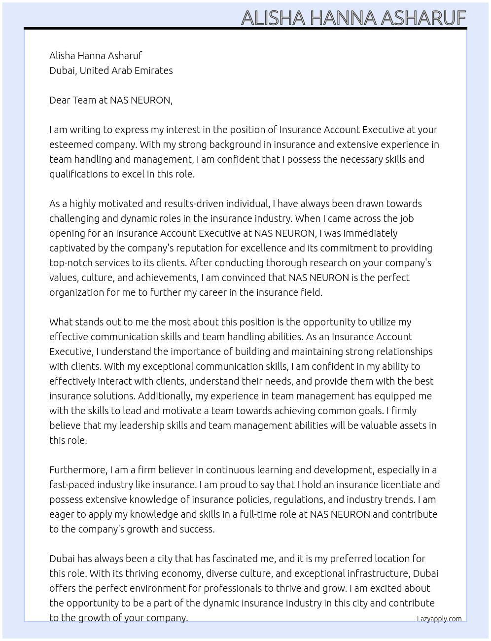 Insurance account executive At NAS NEURON Cover Letter