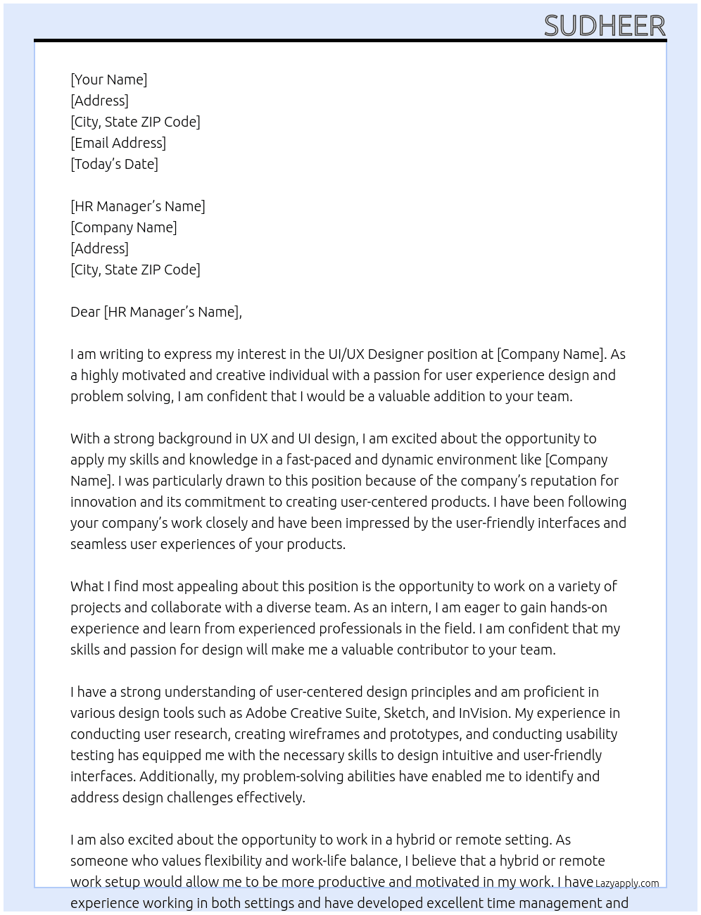 UI/UX Designer At HR Manager Cover Letter