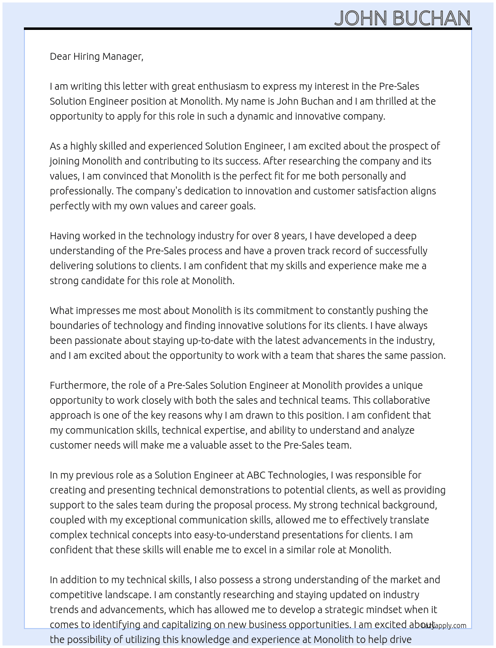 Pre-Sales Solution Engineer At Monolith Cover Letter